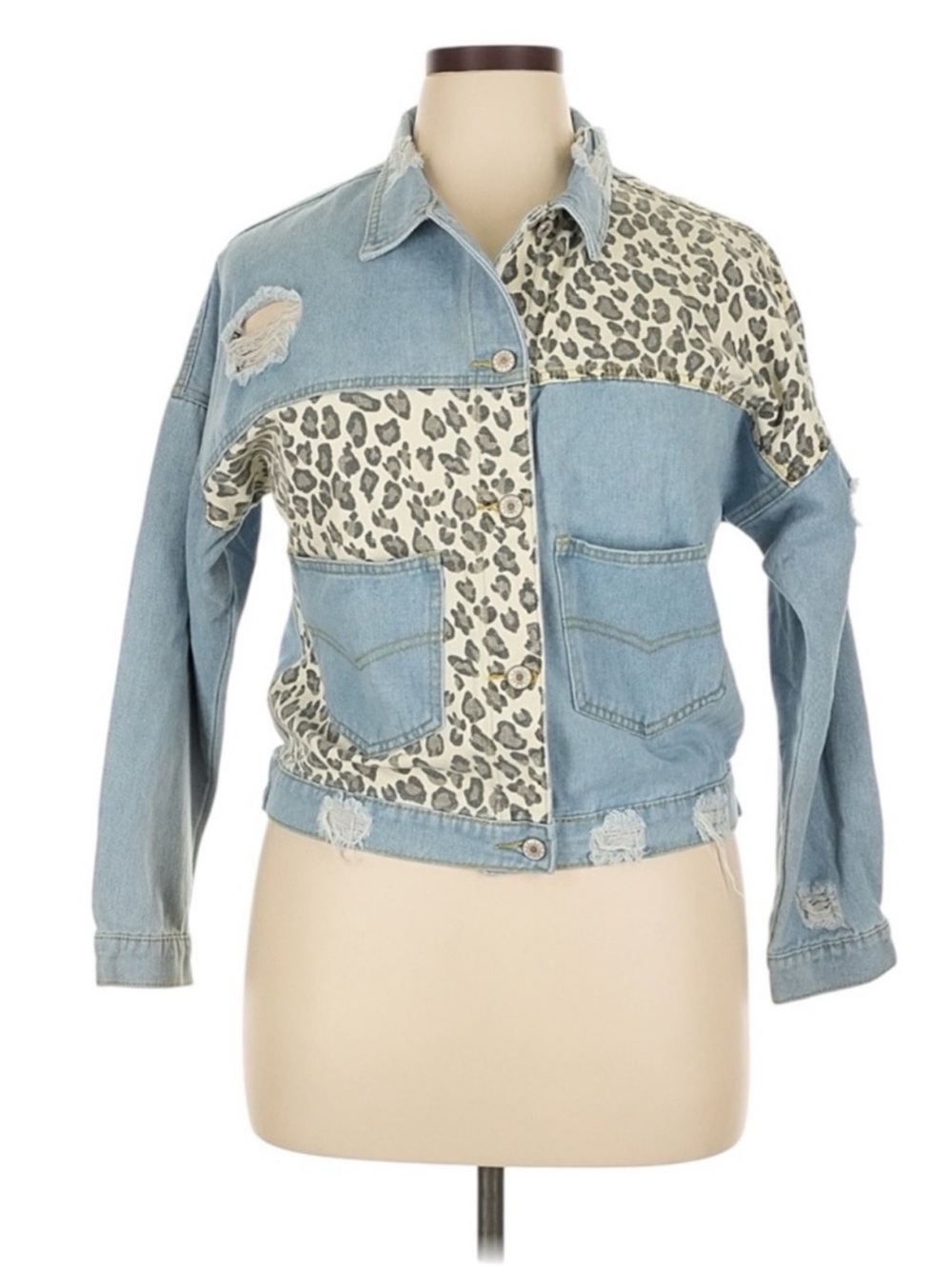 Y2K Leopard Patchwork Cropped Denim Jacket XL Distressed Oversized Jean Coat - Picture 8 of 14